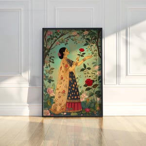 Indian Woman Rose Wall Art Print Traditional Ethnic Decor Mughal Inspired Floral Painting Romantic Feminine Art Cultural Home Accent Gift