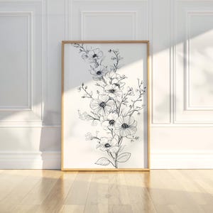 Botanical Floral Bouquet Line Drawing Sketch Wall Art Print Black White Wildflower Nature Elegant Home Decor Living Bedroom Gift for Her