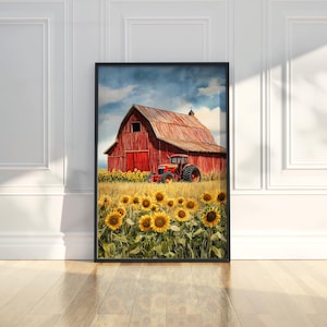 Rustic Red Barn Tractor Wall Art Print Farmhouse Sunflower Floral Field Painting Trendy Summer Poster Modern Home Decor Digital Download