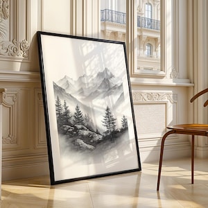 Misty Pine Forest Gebirgskette Bleistift-Skizzen-Wand-Kunst, Monochrome Landschafts-Digitaler Download Plakat für Wohnzimmer Büro-Kinderzimmer-Dekor
