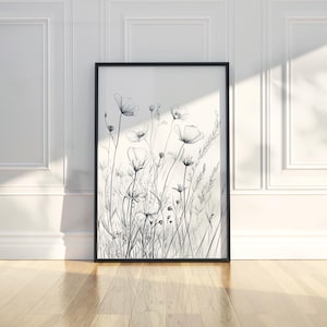 Minimalistische Wildblumen Blumen Feld Linie Kunst Bleistift Skizze Zeichnung Wand Kunst Druck druckbare Poster modernes Haus Blumen Dekor digitaler Download