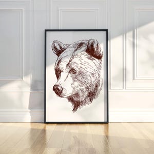 Dibujo de cabeza de oso, arte lineal, lápiz, ilustración de animal, póster imprimible, arte de pared, impresión, decoración moderna para el hogar, descarga digital, regalo