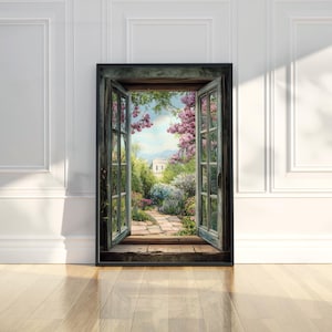 Open Window Garden Path Cottage View Floral Illustration Trendy Poster Retro Wall Art Art Prints Download Downloadable Print