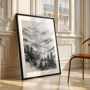 Nebligen Wald Bleistift Skizze Wandkunst, Monochrome Waldlandschaft Digital Download druckbare Poster für Wohnzimmer Büro Dekor
