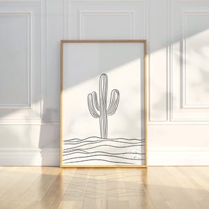 Dibujo a lápiz minimalista abstracto de cactus en el desierto, arte lineal, póster imprimible, arte de pared, impresión, decoración moderna para el hogar, descarga digital