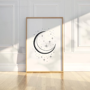 Minimalistischer Halbmond Mond Sterne Linie Kunst Bleistift Skizze Zeichnung Printable trendiges Poster Wand Kunst Druck modernes Wohndekor digitaler Download Geschenk