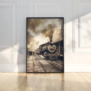 Vintage Dampfzug am historischen Bahnhof Wandkunst, rustikale Eisenbahn digitaler Download druckbares Plakat, Reise-Dekor und Haus Büro Wandkunst