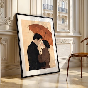 Romantic Couple in Rain Wall Art Print Emotional Love Illustration Umbrella Minimalist Cozy Valentine’s Day Modern Home Decor Gift For Her