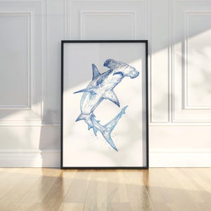 Hammerhead Shark Ink Sketch Line Art Animal Illustration Drawing Printable Trendy Poster Wall Art Print Modern Home Decor Digital Download
