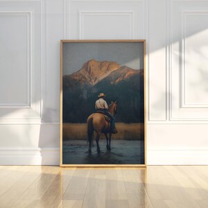 Cowboy Horseback Oil Painting Western Art Print Mountain Landscape Rustic Modern Home Decor American West Scene Vintage Style Wall Art Gift