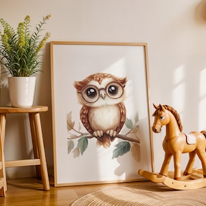 Adorable Baby Owl with Glasses on Branch Nursery Wall Art Print Woodland Watercolor Animal Drawing Modern Home Kids Playroom Baby Decor Gift