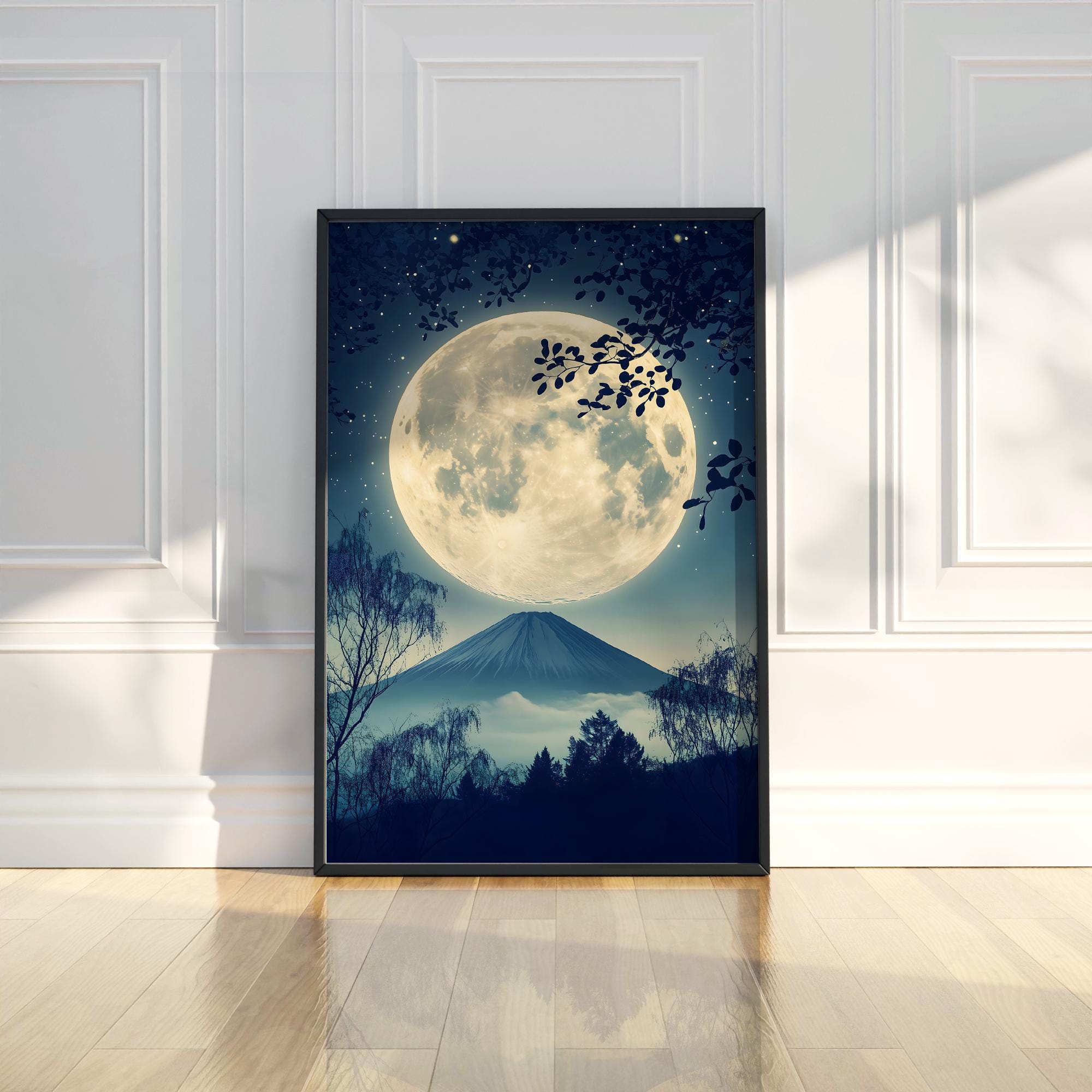 Japanese White Full Moon Wall Art Print Mount Fuji Printable Night