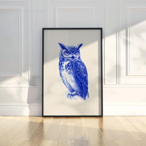 Blue Owl Ink Sketch Line Art Simple Animal Illustration Draw Printable Trendy Poster Wall Art Print Modern Home Decor Digital Download Gift