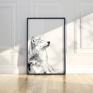Wilder Wolf Bleistift Skizze Linie Kunst Tier Illustration Zeichnung druckbare trendige Poster Wand Kunst Druck moderne Wohnkultur digitaler Download Geschenk