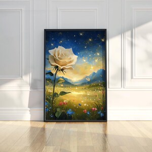 Verträumte weiße Rose Blume Sternennacht Ölgemälde druckbare Poster Wand Kunst Druck Modernes Haus Dekor Blumen Kunstwerk Digitaler Download