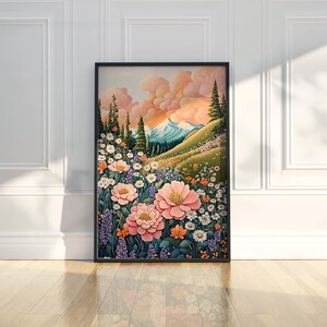 Bunte Berg Wiese Wand Kunst Druck Wildblumen Gemälde Blumenlandschaft modernes Haus Wand Dekor Natur Fine Art Geschenk Digital Download