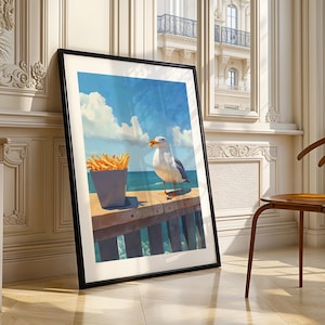 Impresión artística de gaviota divertida con papas fritas en el muelle de la playa, arte de pared moderno, decoración de habitación, impresiones artísticas estéticas, descarga de impresión, póster de moda