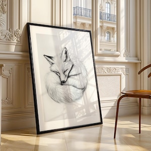 Schlafender Fuchs Bleistift Skizze Wandkunst, Monochrome Wildtiere Digital Download druckbare Poster, Kinderzimmer Wohnzimmer Büro Dekor und Studie Kunst