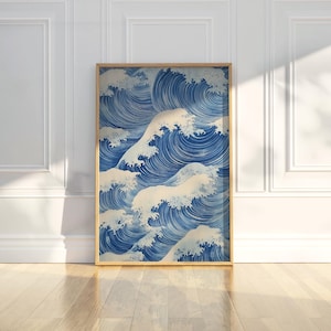 The Great Wave Off Kanagawa Inspired Wall Art Print Japanese Ocean Sea Waves Nature Blue White Traditional Ukiyo E Style Home Decor Coastal