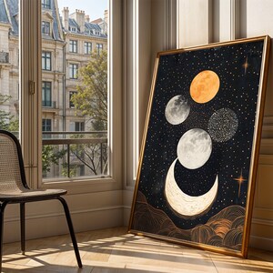 Mystieke maanstanden kunst aan de muur digitale print Celestial Galaxy decor trendy esthetische kunst wordt afgedrukt downloadbare kosmische nachtelijke hemel sterren