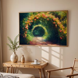Rose Floral Path Wall Art Print Green Garden Arch Painting Printable Yellow Flower Fantasy Poster Trendy Rustic Home Decor Digital Download