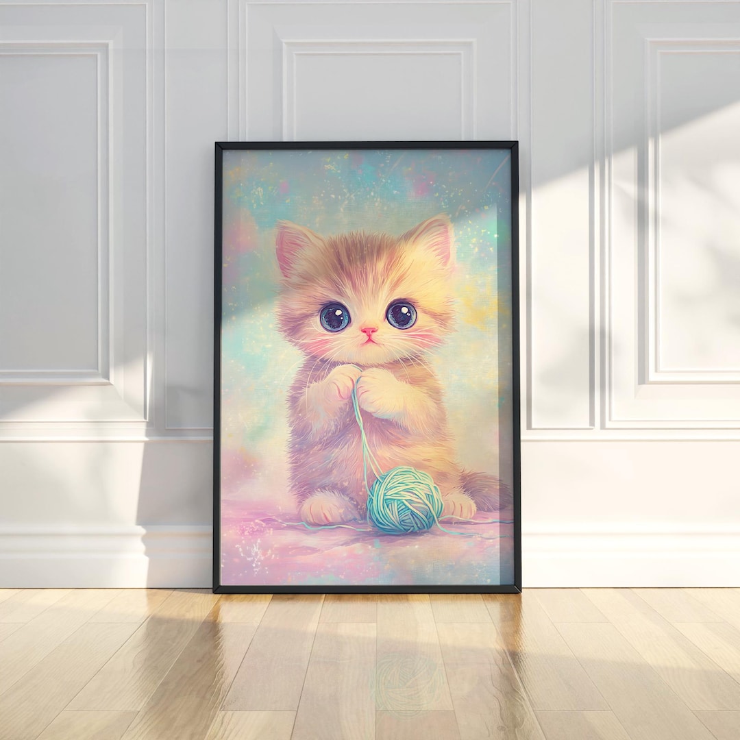 Whimsical Cat Wall Art Print Quirky Kitten Yarn Painting Printable ...