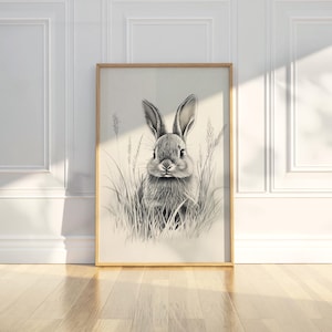 Realistic Rabbit Drawing Sketch Wall Art Print Black White Animal Wildlife Nature Home Decor Living Room Bedroom Nursery Easter Gift Idea
