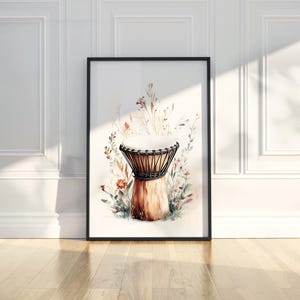 Watercolor Boho Djembe Drum Music Instrument Wall Art Print Floral Painting Printable Trend Poster Modern Rustic Home Decor Digital Download