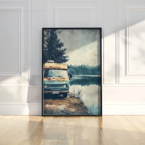 Vintage Retro Bus Camping Trip River Travel Painting Printable Poster Wall Art Print Modern Home Room Decor Artwork Digital Download Gift