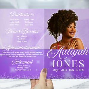 May include: A bi-fold memorial program with a purple and white design. The cover features a photo of a smiling woman and the name "Aaliyah Jones." Inside, there are sections for pallbearers, flower bearers, acknowledgements, and interment details.