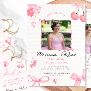 Modelo de convite para 15 anos – Design de coquete rosa editável – Cartão Canva para impressão – Bilíngue em inglês e espanhol