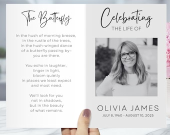 Obituary Template Program Canva, Minimalist Simple Funeral Program, Editable Celebration of Life Pamphlet, Black & White Design, 4 Page Fold