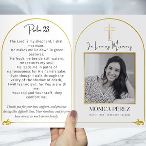 Plantilla de programa funerario en español – Folleto obituario bilingüe editable – Programa de funeral en español – Folleto/volante imprimible en Canva