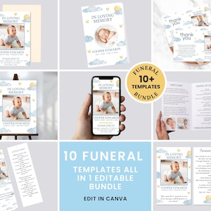 Paquete de plantillas para funerales de bebés - Set de recuerdos editables para bebés - Paquete imprimible con recuerdos - Descarga instantánea de Canva