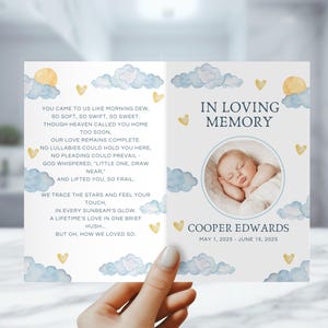 Sjabloon babybegrafenisprogramma - bewerkbaar baby Memorial-boekje - Blue Boy Celebration of Life - afdrukbare Canva direct downloaden