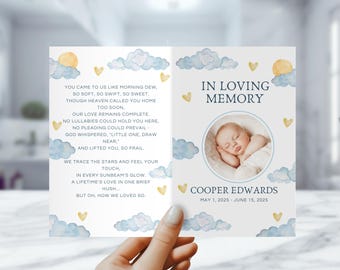 Baby Funeral Program Template - Editable Infant Memorial Booklet - Blue Boy Celebration of Life - Printable Canva Digital Download