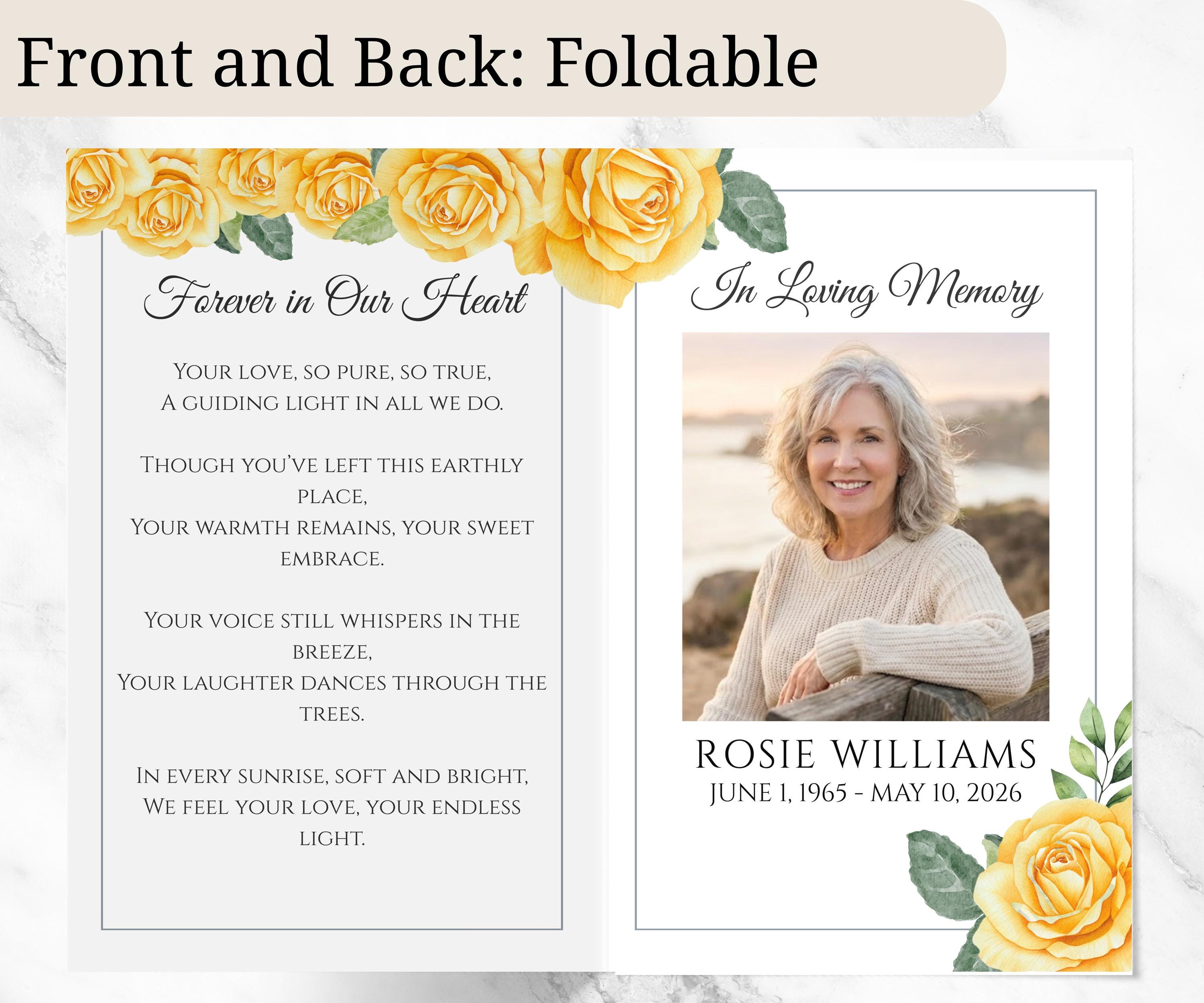 Yellow Roses Funeral Vector Yellow Roses Funeral Program Template - Editable Yellow Floral Memorial ...