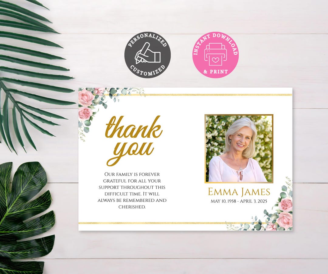 Floral Funeral Thank You Card – Editable Watercolor Memorial Template ...