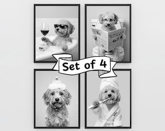 Black & White Dog Bathroom Portrait Set – 4 Custom Dog Wall Art Prints from Photo in Black and White – Digital Download