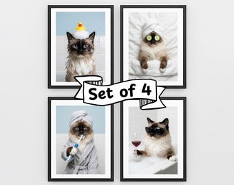 Custom Cat Bathroom Portraits – 4 Funny Cat Wall Art Prints from Photo – Personalized Digital Download Photos