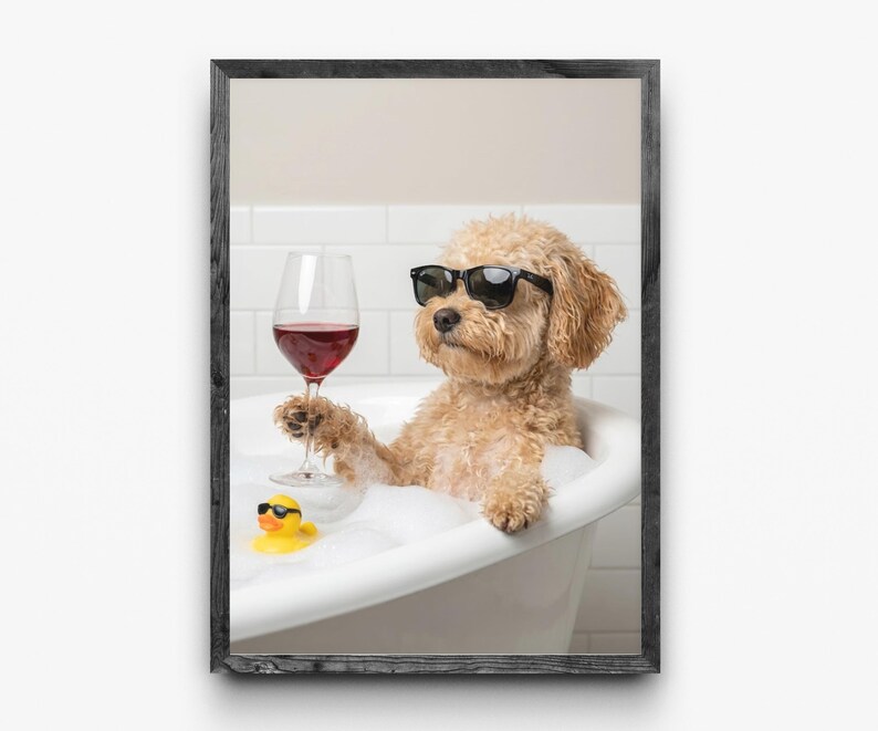 Funny Dog Bathroom Art: Relaxing in the Bathtub