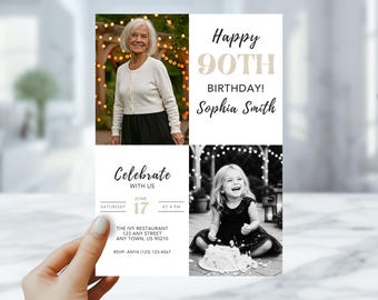 Then and Now 90th Birthday Invitation with Photo – 2 Sided Custom Turning 90 Birthday Party Invite