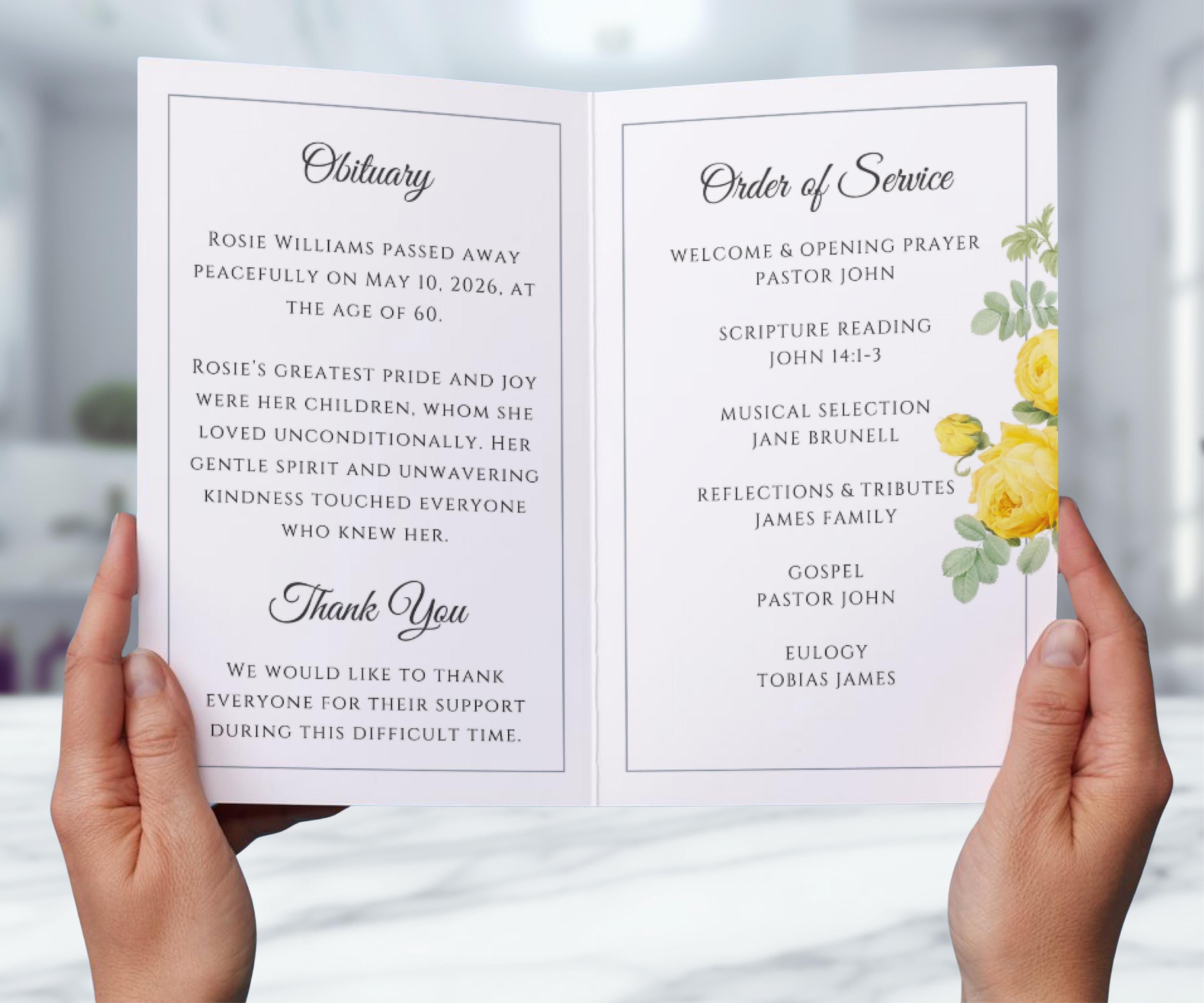 Yellow Roses Funeral Vector Yellow Roses Funeral Program Template - Editable Yellow Floral Memorial ...