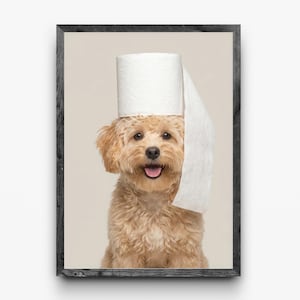 Funny Dog Bathroom Art: Toilet Paper Roll on Head