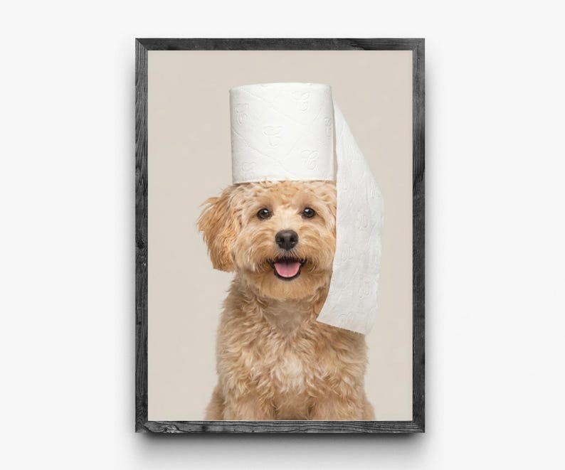 Funny Dog Bathroom Art: Toilet Paper Roll on Head