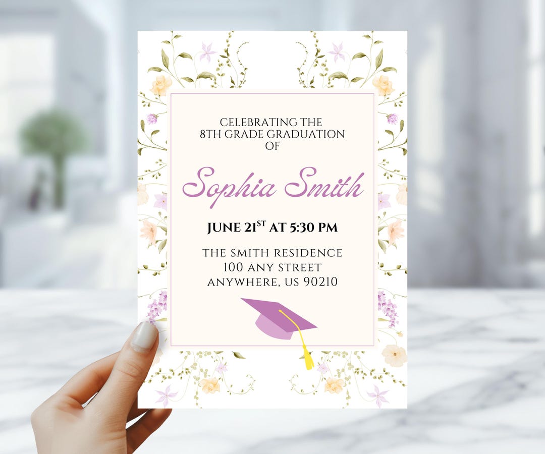 Grade R Invitation Card Wildflower 8th Grade Graduation Invitations – Custom Floral Invites for ...