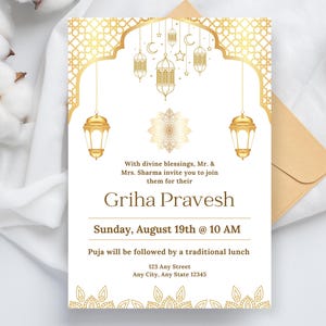Griha Pravesh Invitation - Elegant Gold Hindu Housewarming Card - Editable Puja Ceremony Template - Printable Digital Download