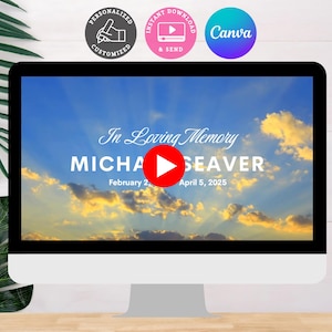 May include: A computer monitor displays a memorial video with a blue sky and cloud background. The text reads "In Loving Memory" and includes a name and dates. Icons indicate customization, instant download, and Canva editing.
