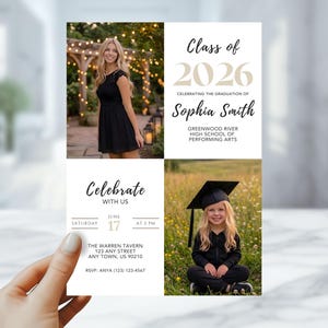 May include: A graduation announcement featuring a photo of a young woman and a child in a cap and gown. The announcement includes the text "Class of 2026" and "Celebrate with us" with event details.
