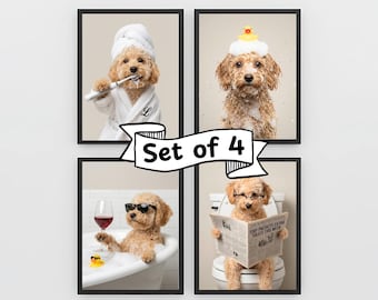 Conjunto de Retratos Divertidos de Cachorros no Banheiro – 4 Impressões de Arte de Parede Personalizadas com Fotos de Cachorros - Download Digital